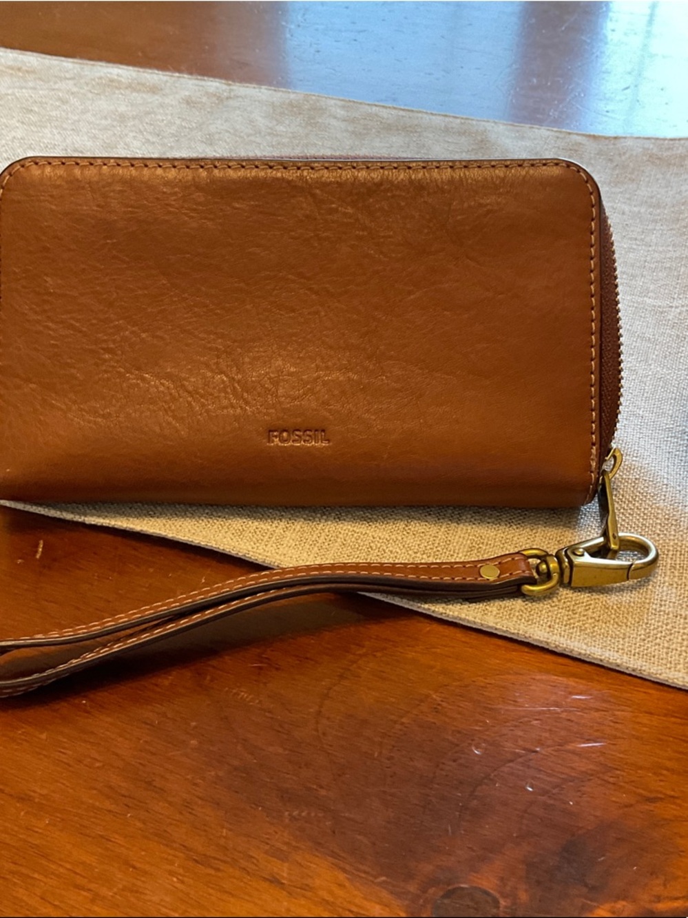 Fossil Cognac Leather Zip-Around Wristlet Wallet
